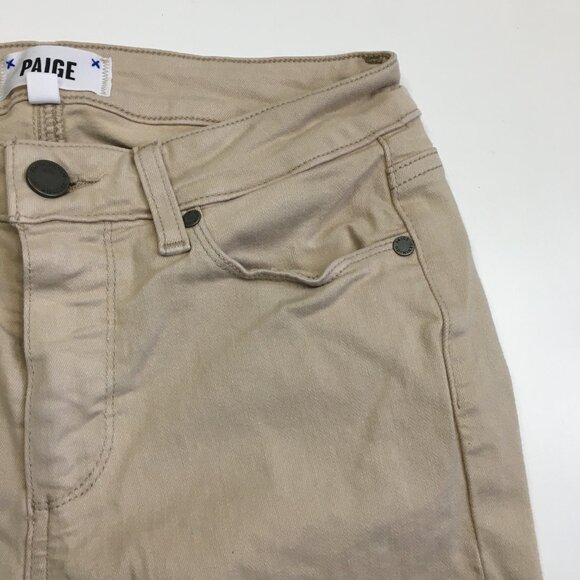 PAIGE 5 Pocket Oak Sand Destructed KYLIE Crop Raw Fray Hem Distressed Jeans - Picture 7 of 14